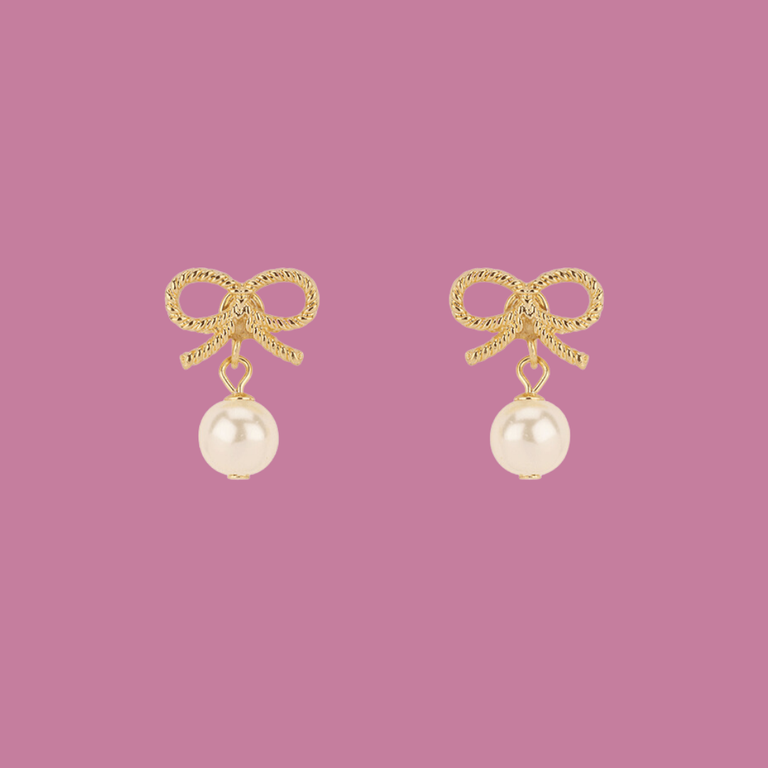 Pearl Bow Gold Earrings