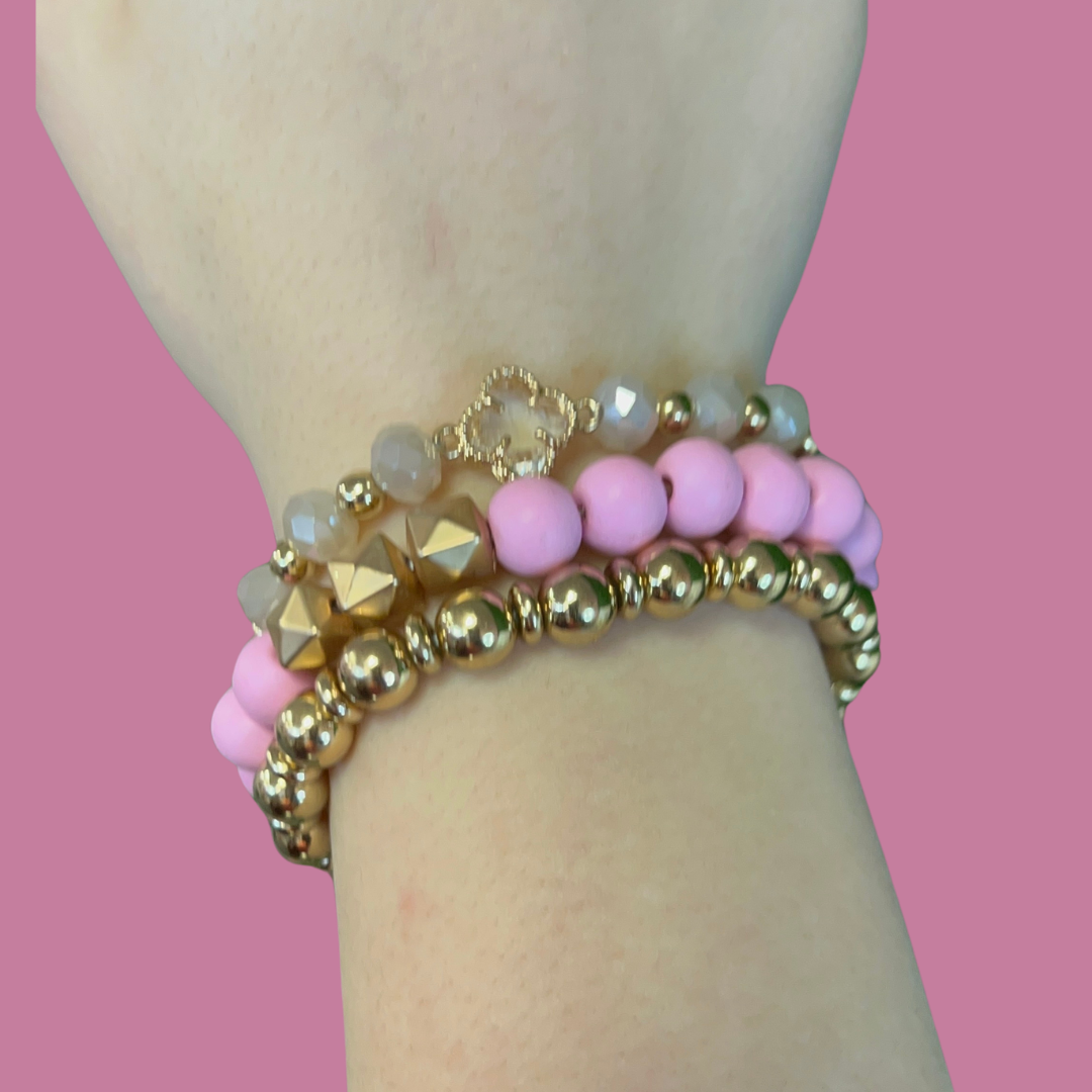 Pink and Gold Beaded Bracelet Set