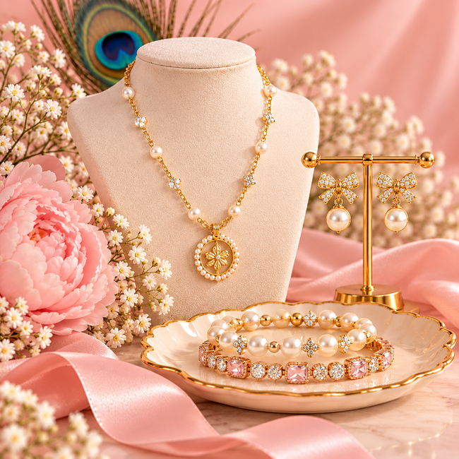 The Preppy Peacock Jewelry collection with pearl and gold jewelry on blush pink styling