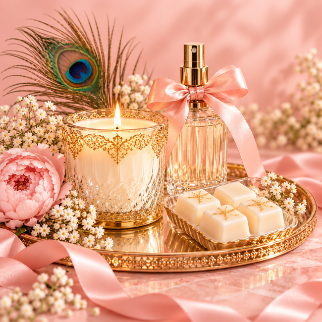 The Preppy Peacock Room Essentials collection with candle, room spray, and wax melts