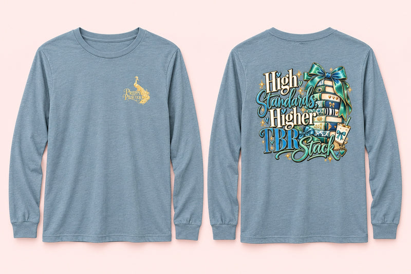 High Standards Higher TBR Stack heather blue long-sleeve tee front and back