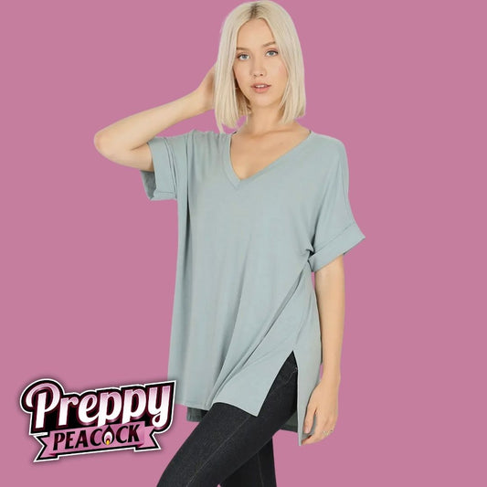 Plus Premium Rolled Sleeve Side Slit High Low Hem V