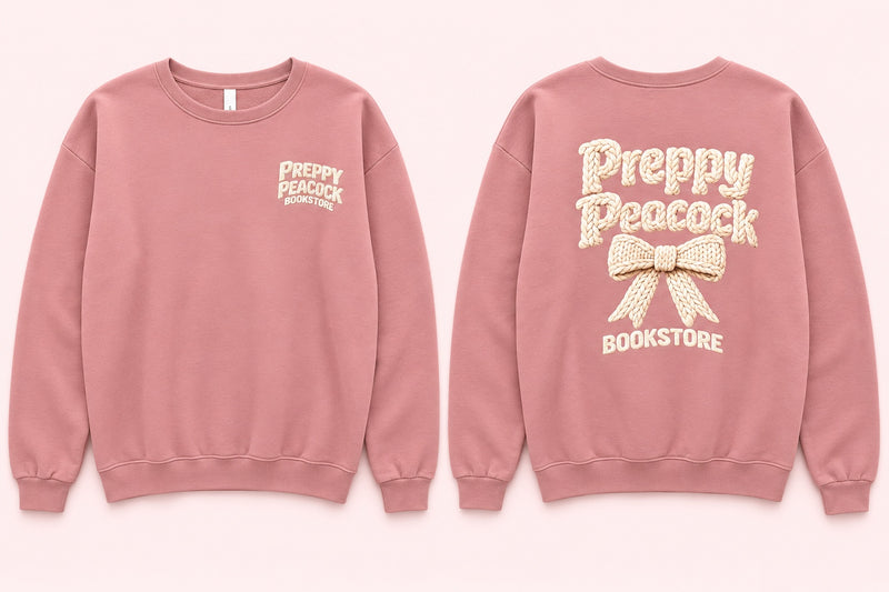 Preppy Peacock Bookstore Bow Crewneck — Dusty Rose