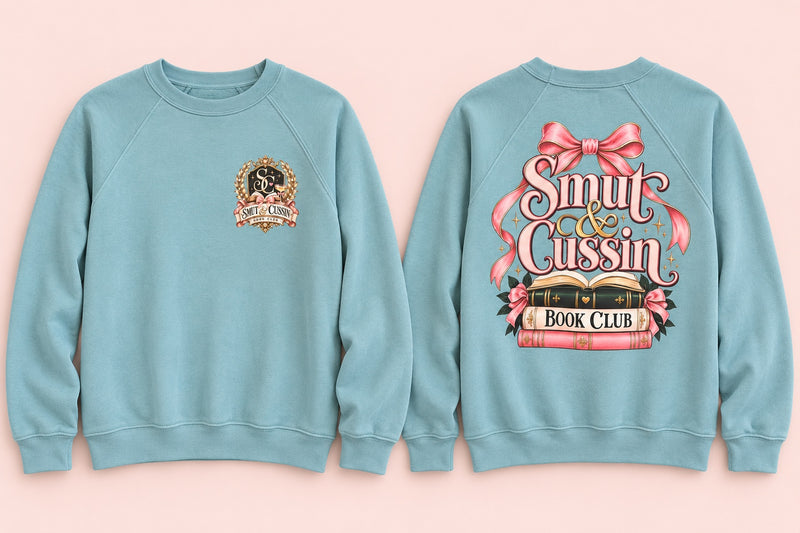 Smut & Cussin Book Club Bow Crewneck — Teal front and back