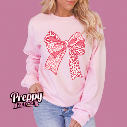 Pink Embroidered Leopard Print Bow Sweater