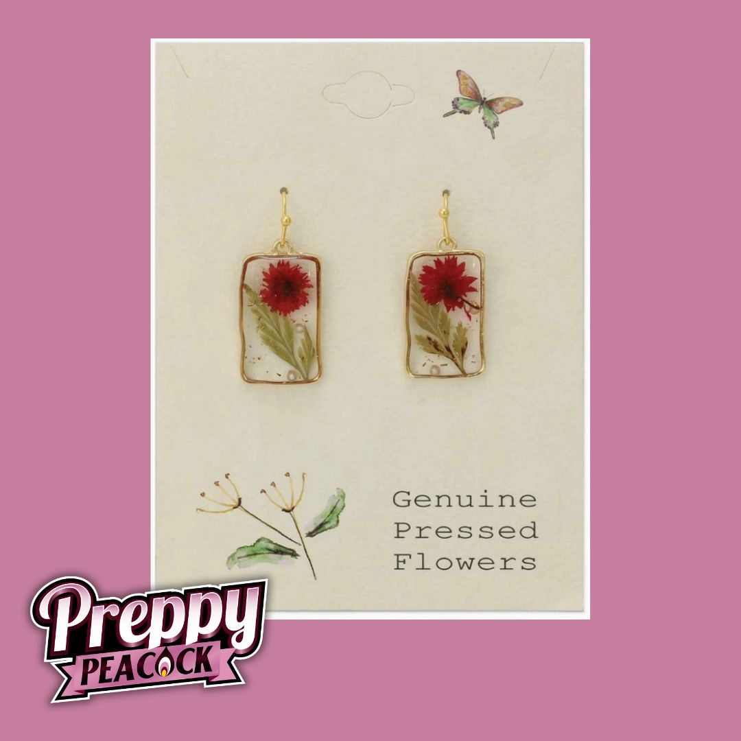 Cottage Red Dried Flower Rectangle Earrings