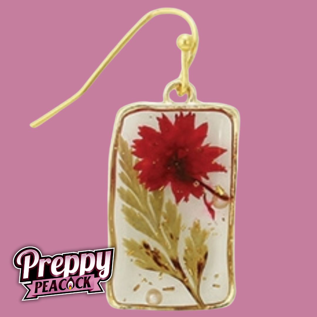 Cottage Red Dried Flower Rectangle Earrings