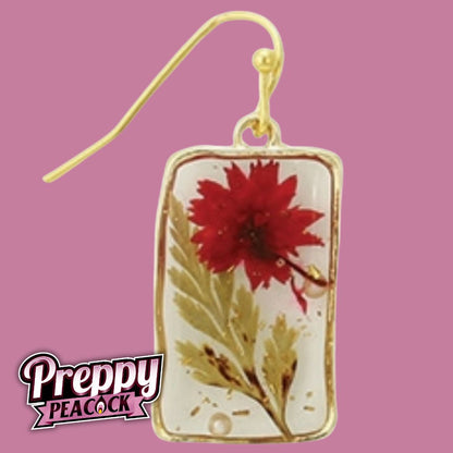 Cottage Red Dried Flower Rectangle Earrings