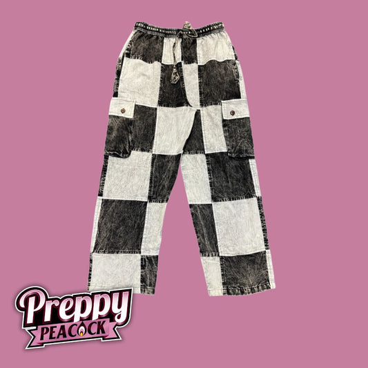 Cotton Checkerboard Wide Leg Cargo Pant