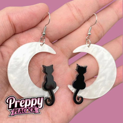 Black Cat On The White Moon Dangle Earrings