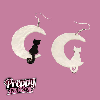 Black Cat On The White Moon Dangle Earrings