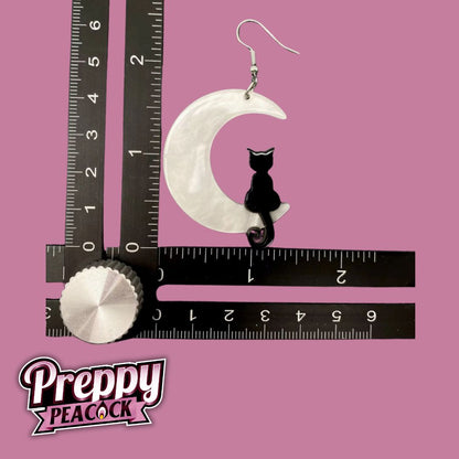 Black Cat On The White Moon Dangle Earrings