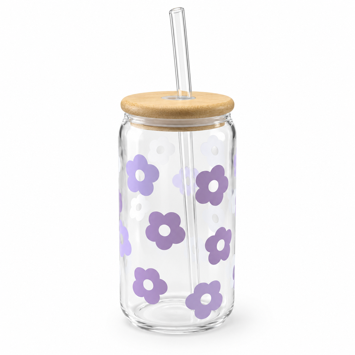 Lavender Daisy Glass Cup with Lid & Straw
