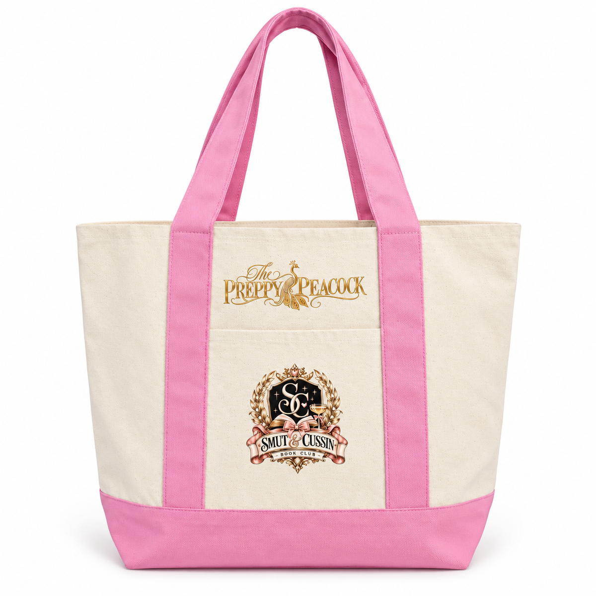 Cream Smut & Cussin Book Club tote with pink straps and base