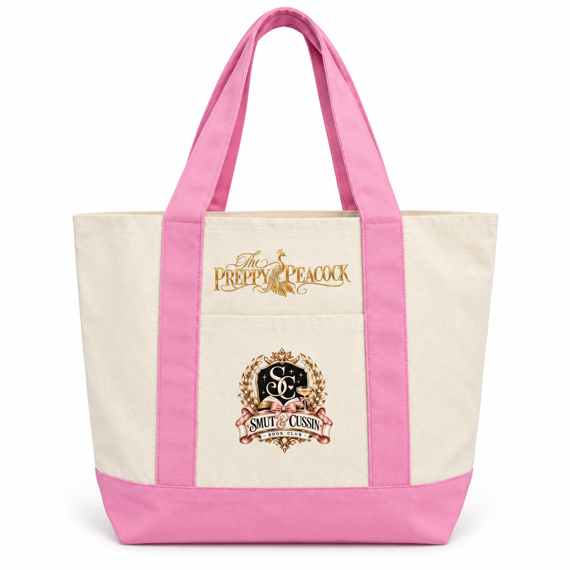 Cream Smut & Cussin Book Club tote with pink straps and base